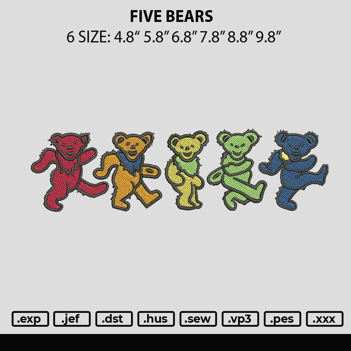 Five Bears Embroidery File 6 sizes