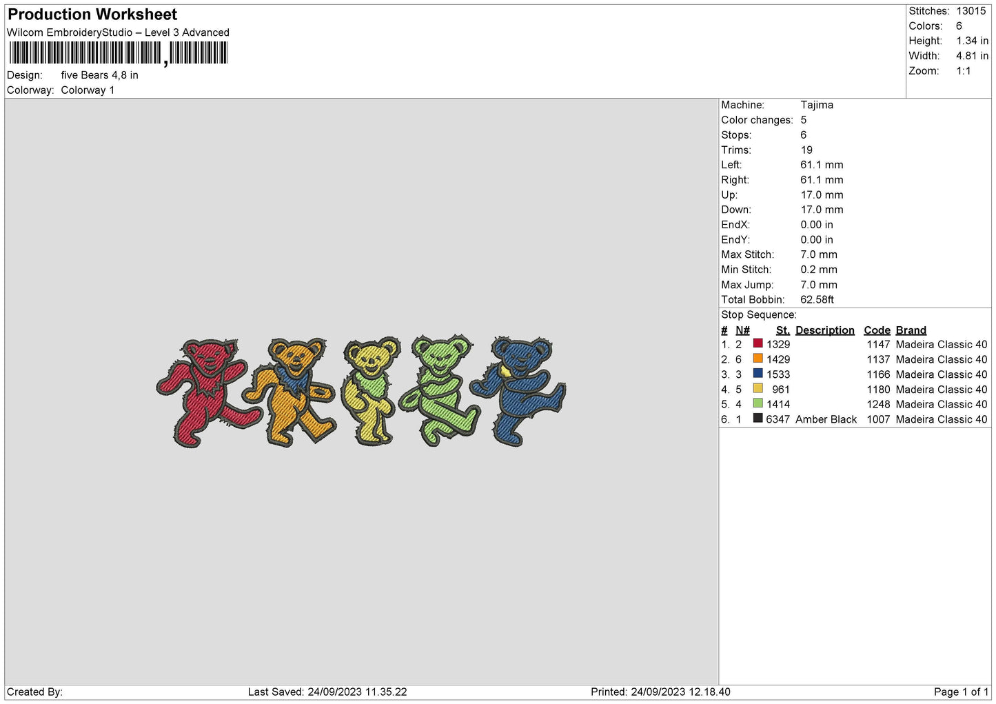 Five Bears Embroidery File 6 sizes