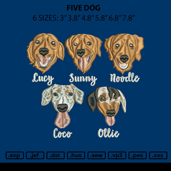 Five Dogs Embroidery File 6 sizes