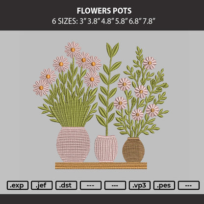 Flowers Pots Embroidery Machine Design File 6 sizes