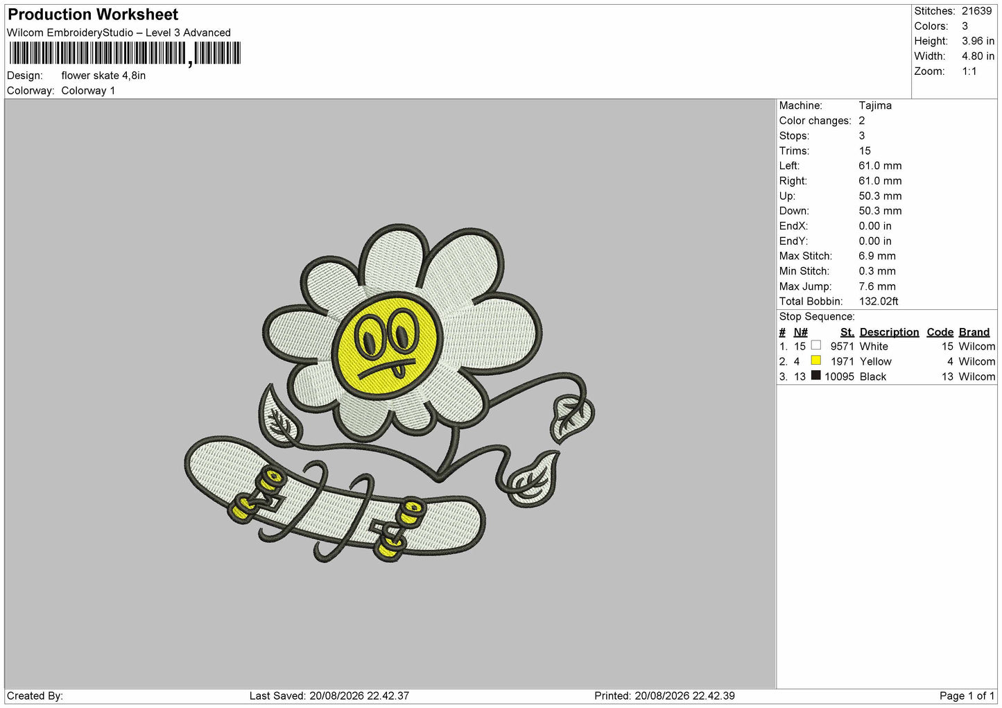 Flower Skate Embroidery Machine Design File 6 sizes