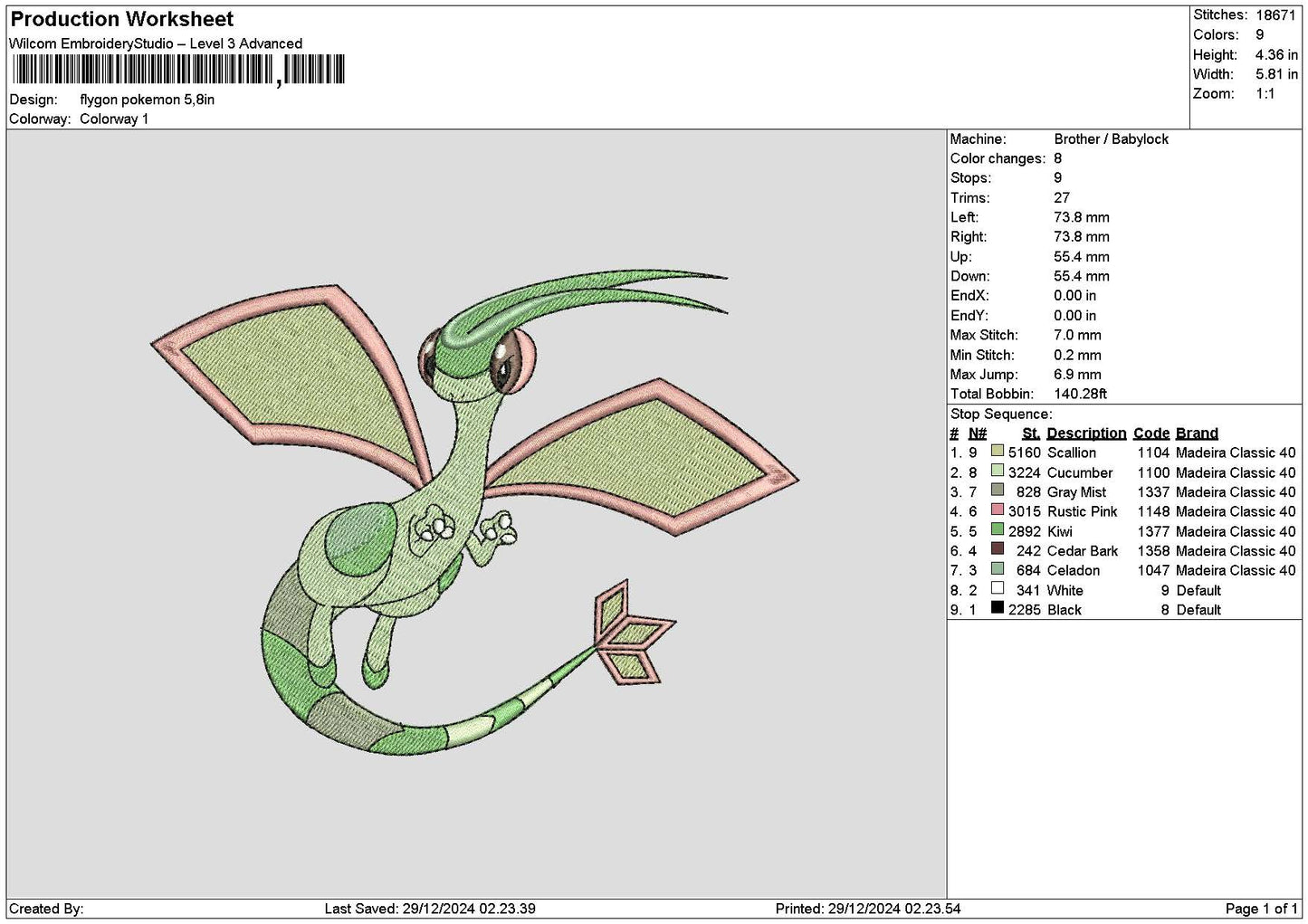 Flygon Embroidery File 6 sizes