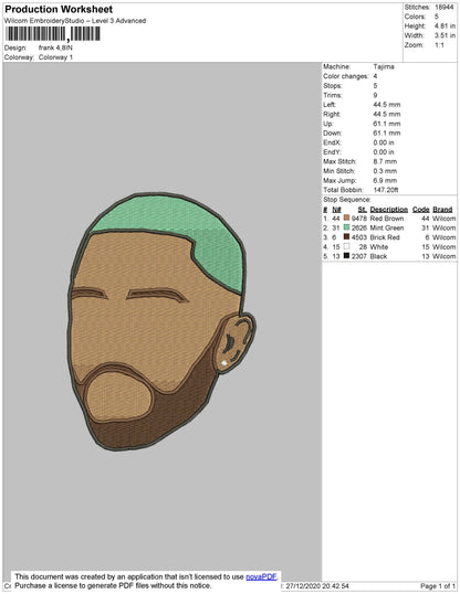 Frank Ocean Head Embroidery File 5 size
