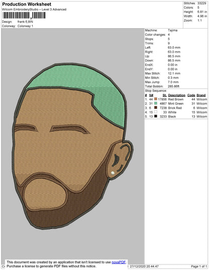 Frank Ocean Head Embroidery File 5 size