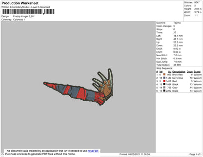 Freddy Kruger Embroidery File 4 size