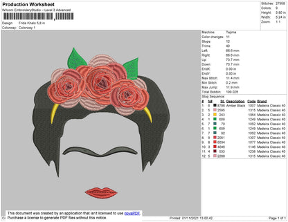 Frida Khalo Embroidery File 4 size