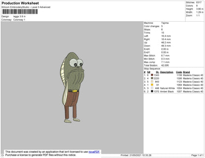 Fred Leggs Embroidery File 4 size