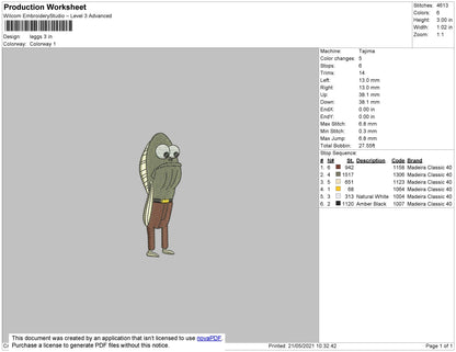 Fred Leggs Embroidery File 4 size