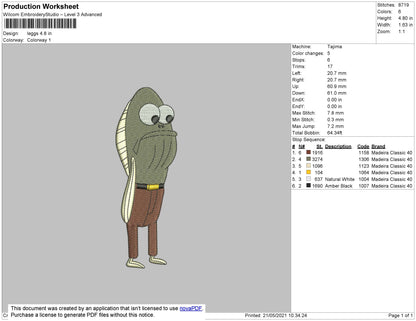 Fred Leggs Embroidery File 4 size