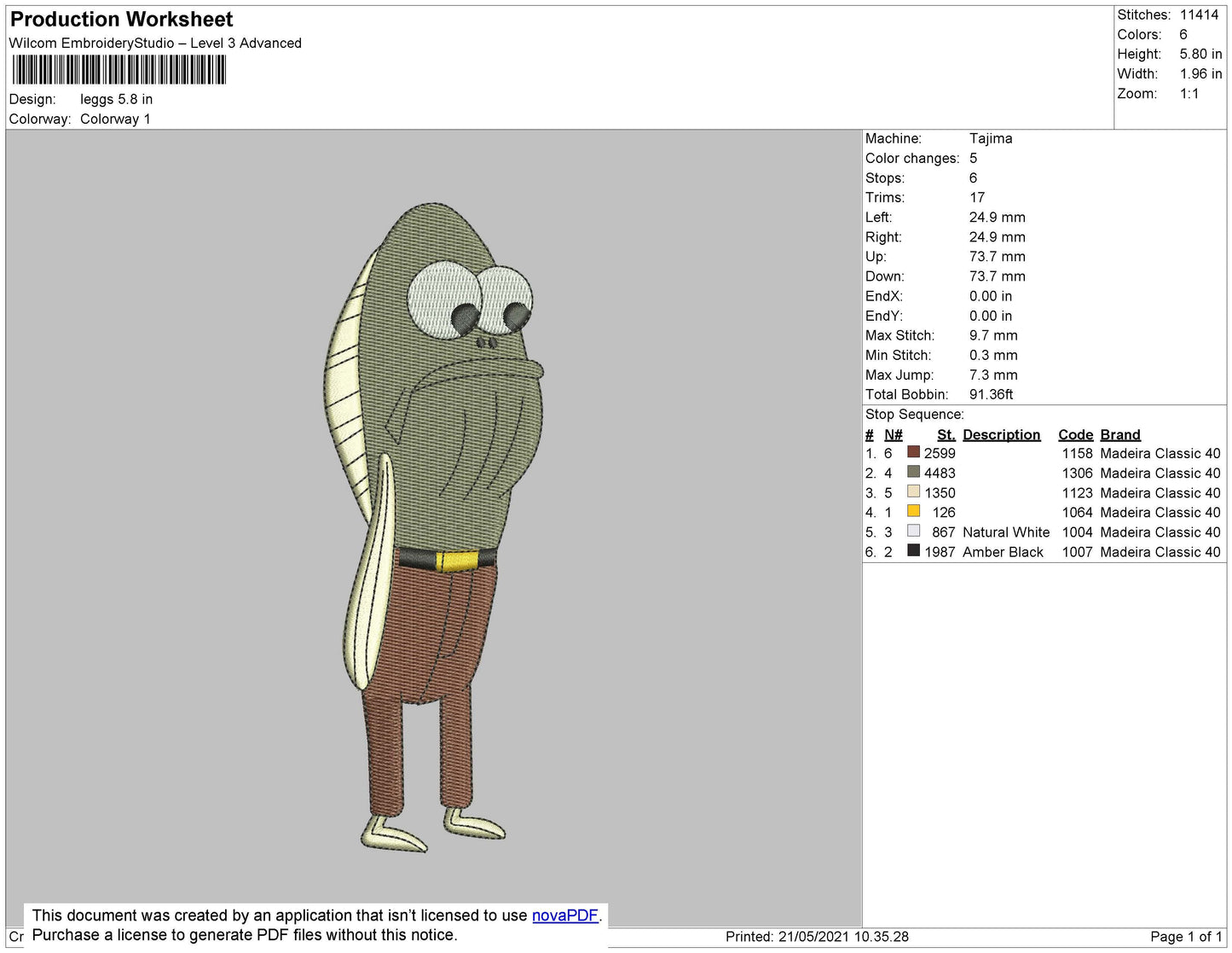 Fred Leggs Embroidery File 4 size