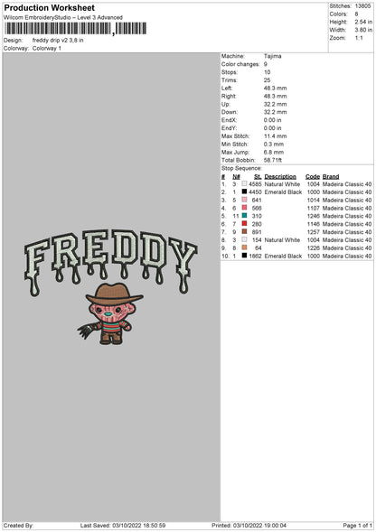 Freddy Drip Embroidery File 6 sizes