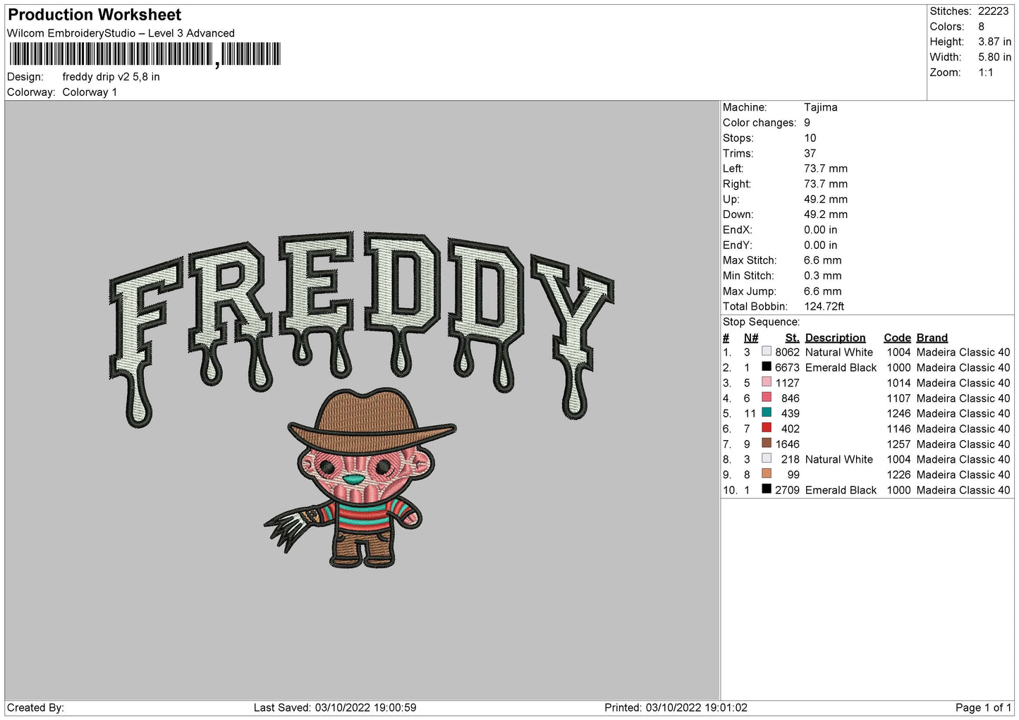 Freddy Drip Embroidery File 6 sizes