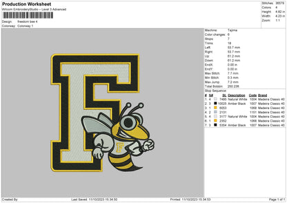 Freedom Bee Embroidery File 6 sizes