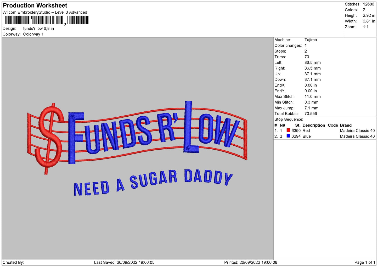 Funds Low Embroidery File 6 Sizes