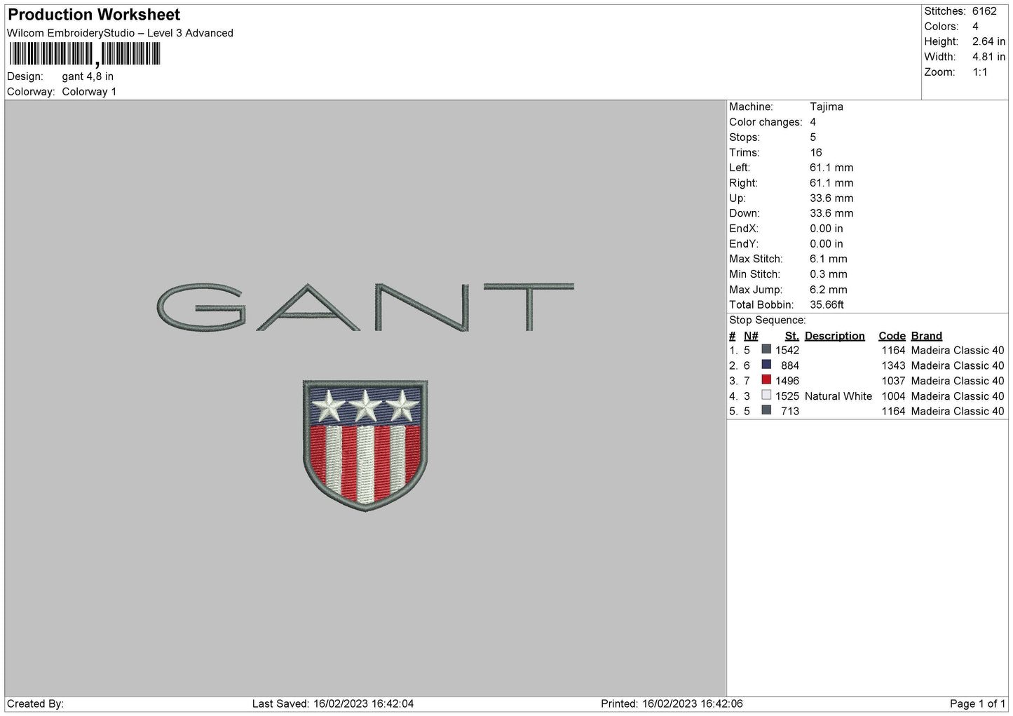 Gant Embroidery File 6 sizes