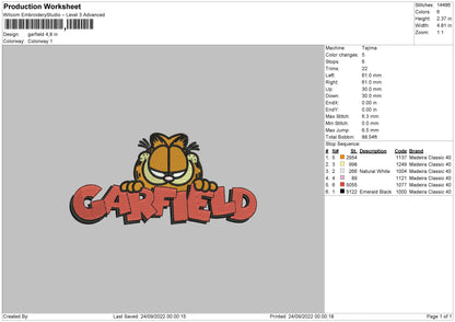 Garfield Embroidery File 5 Sizes