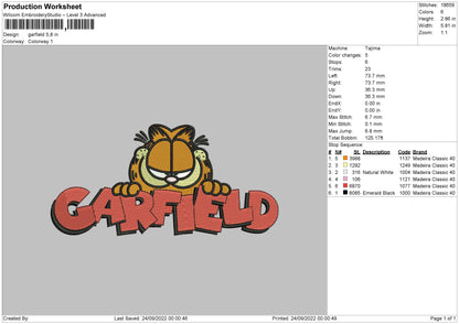 Garfield Embroidery File 5 Sizes