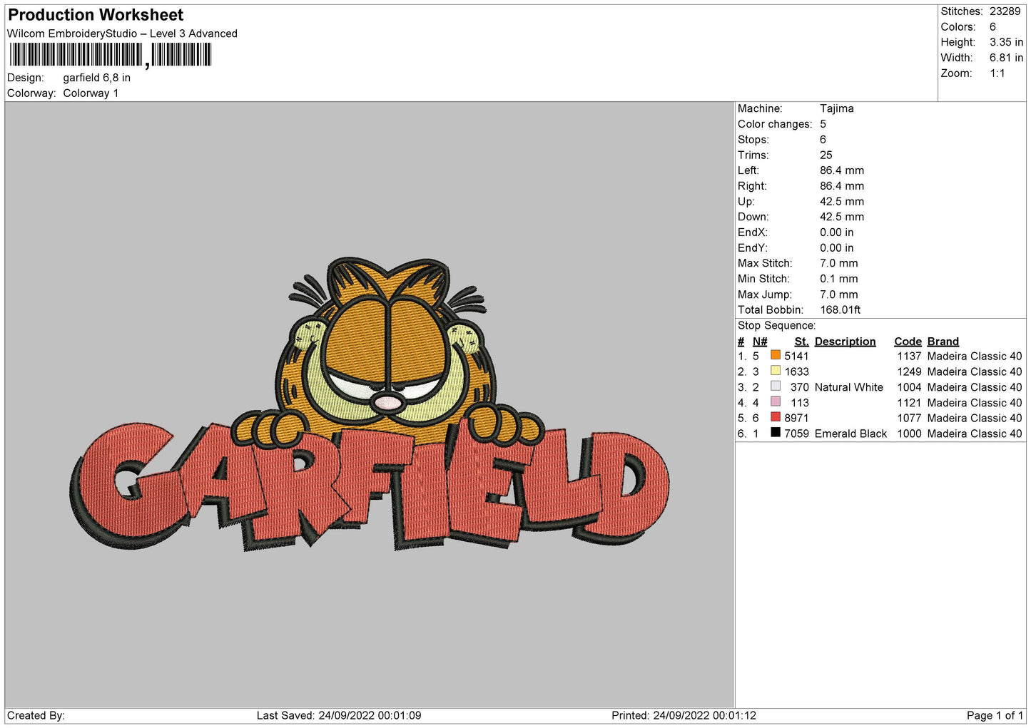 Garfield Embroidery File 5 Sizes