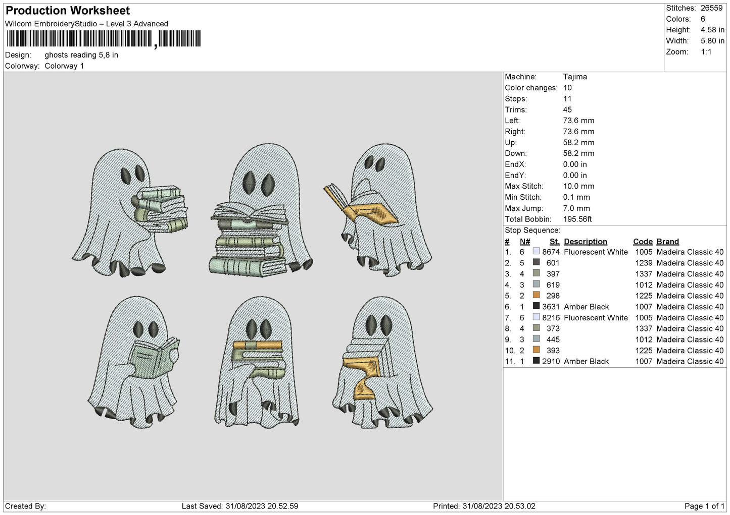 Ghosts Reading Embroidery File 6 sizes