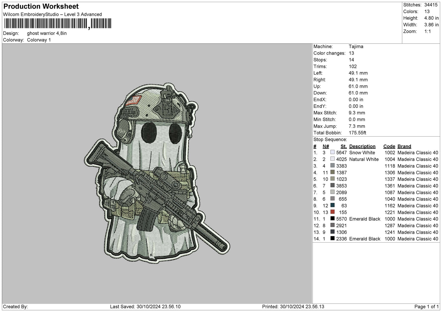 Ghost War Embroidery File 6 sizes