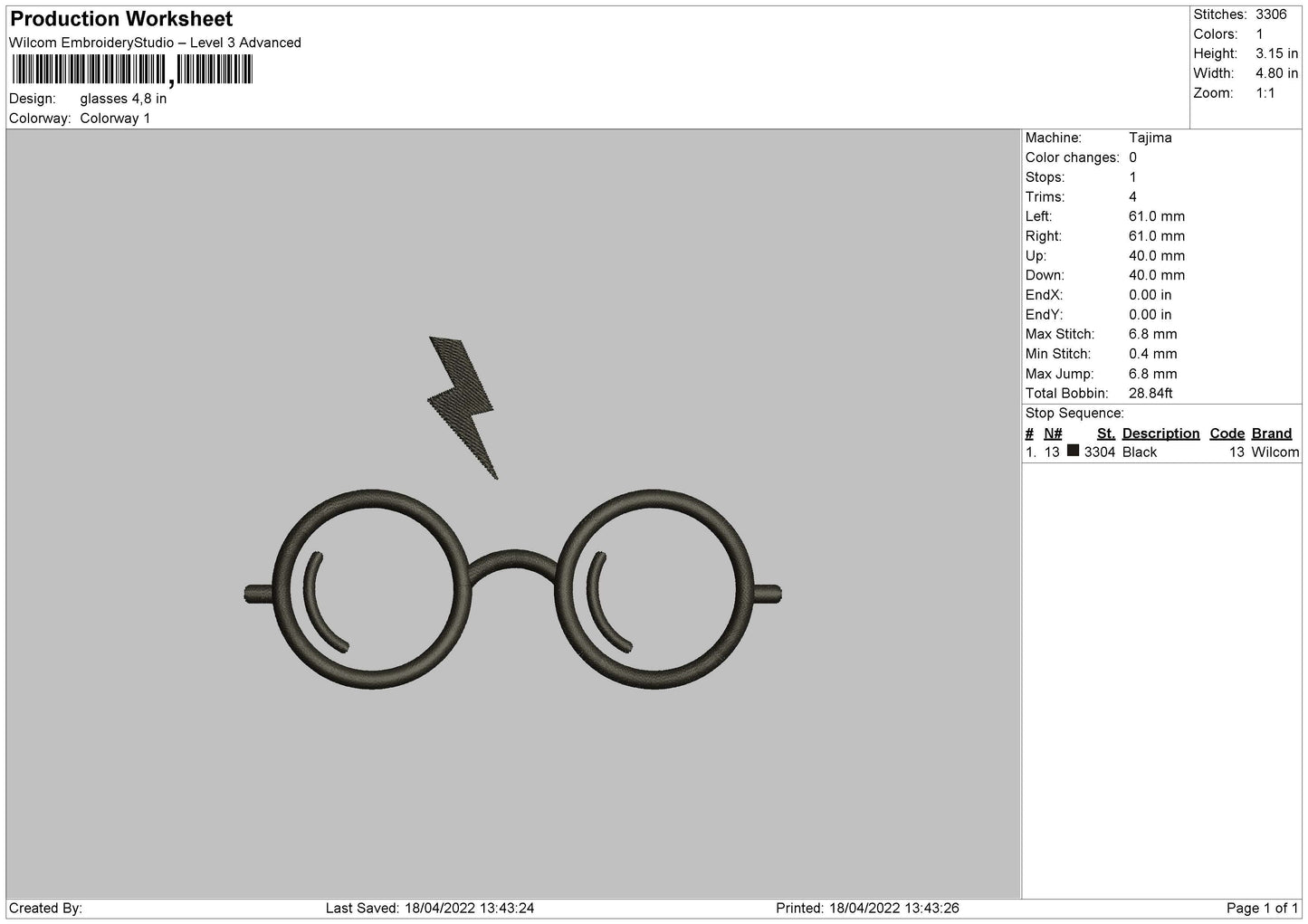 Glasses Embroidery File 4 size