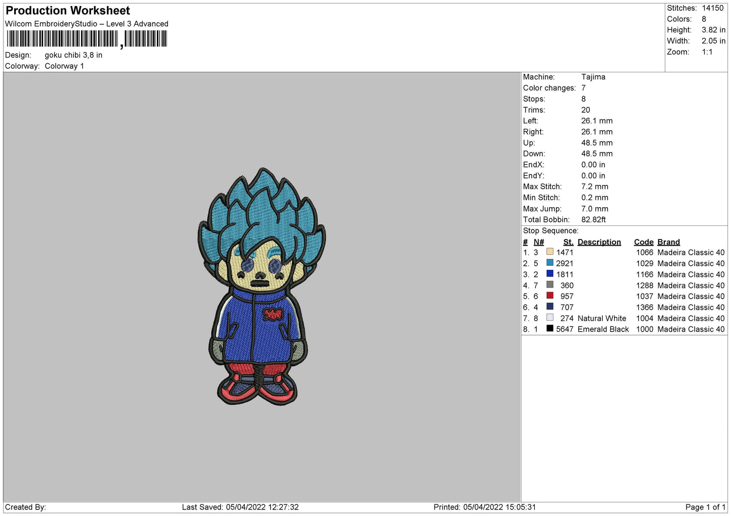 Goku Chibi Embroidery File 4 size