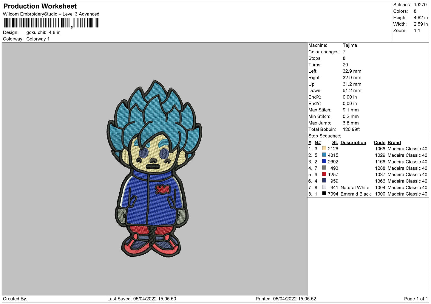 Goku Chibi Embroidery File 4 size