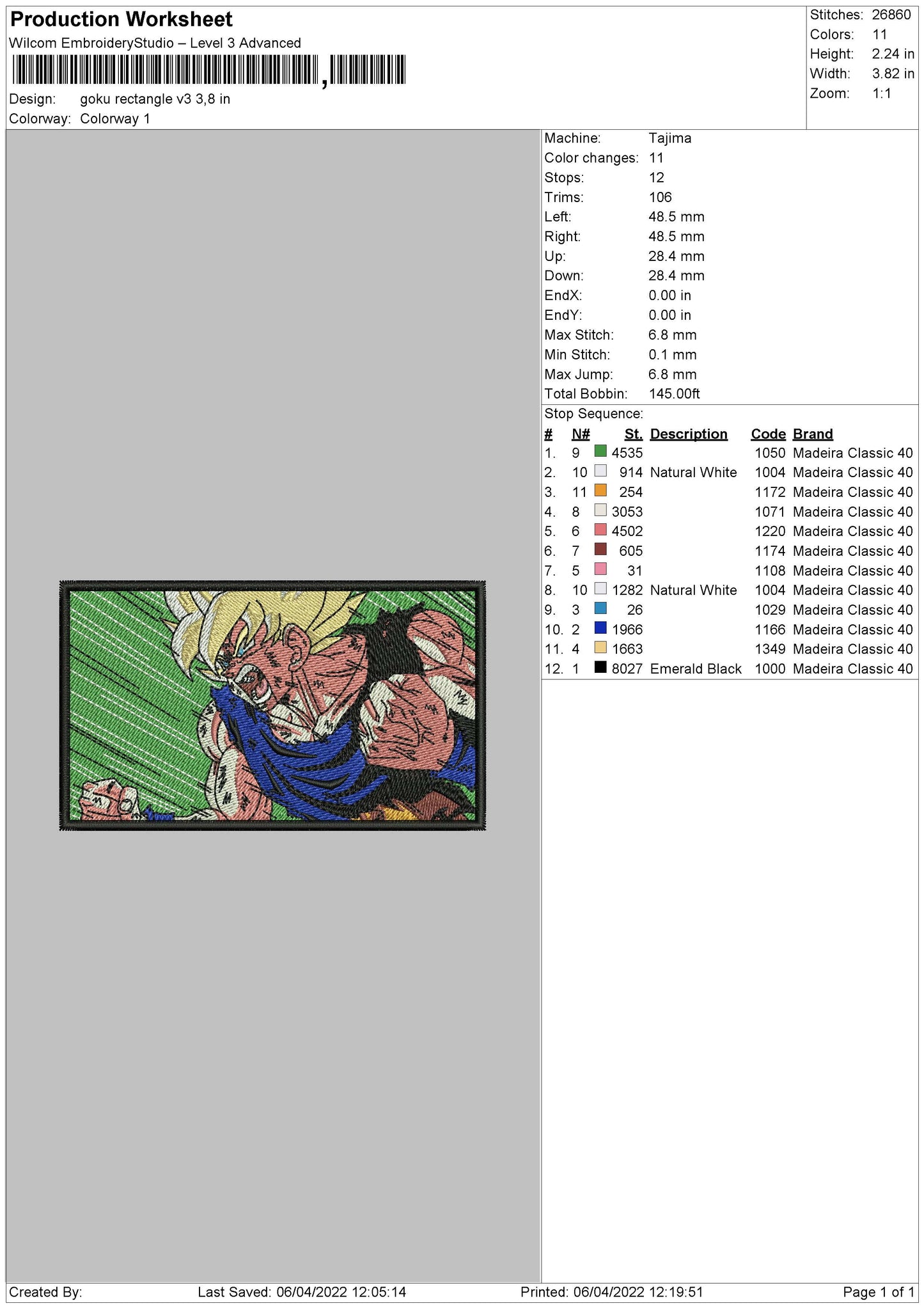 Goku Recatngle V3 Embroidery File 4 size