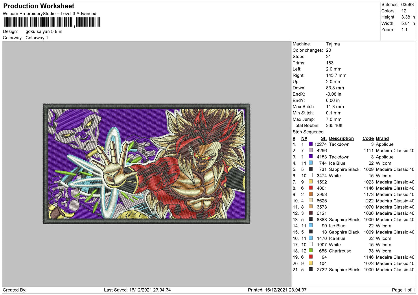 Goku Saiyan Embroidery File 4 size