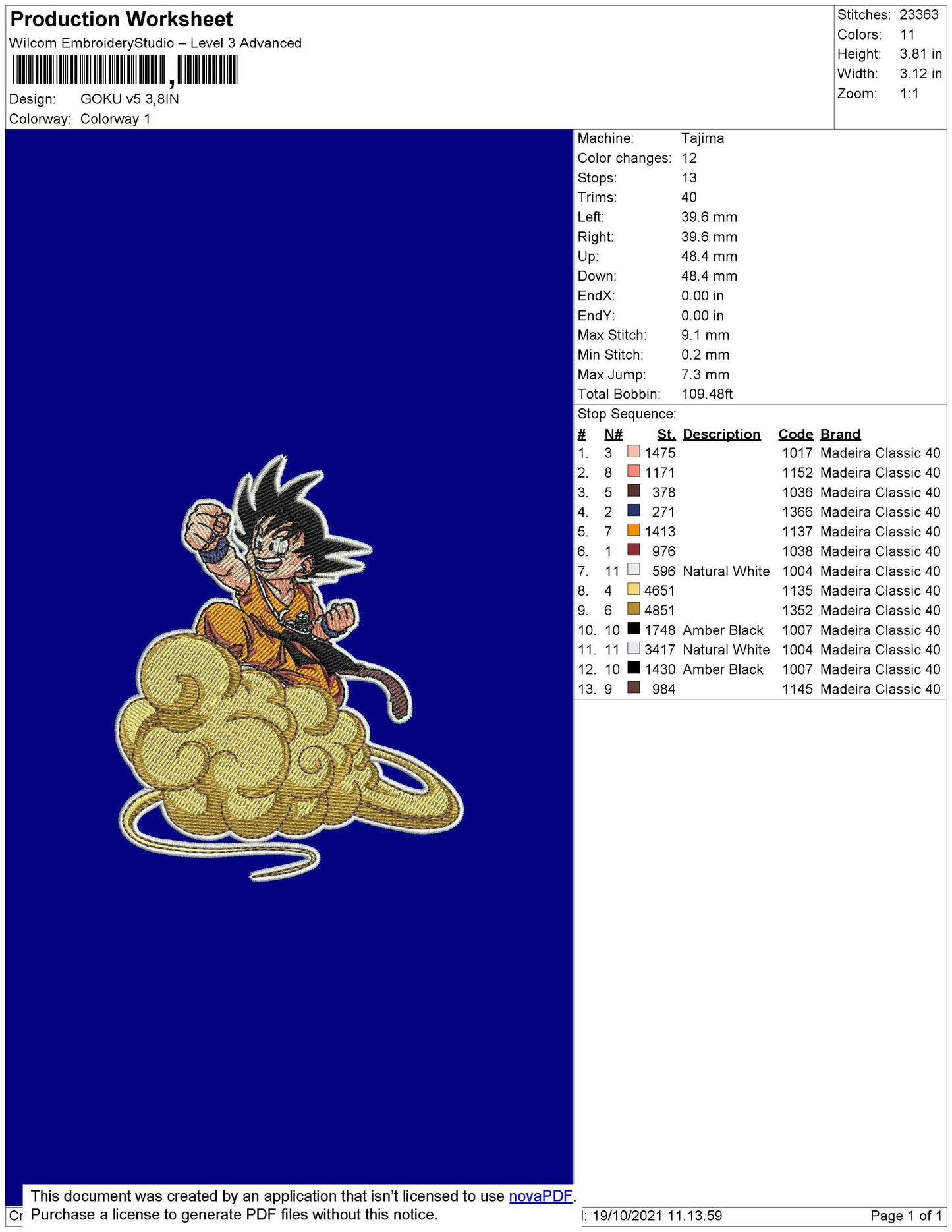 Goku V5 Embroidery File 4 size