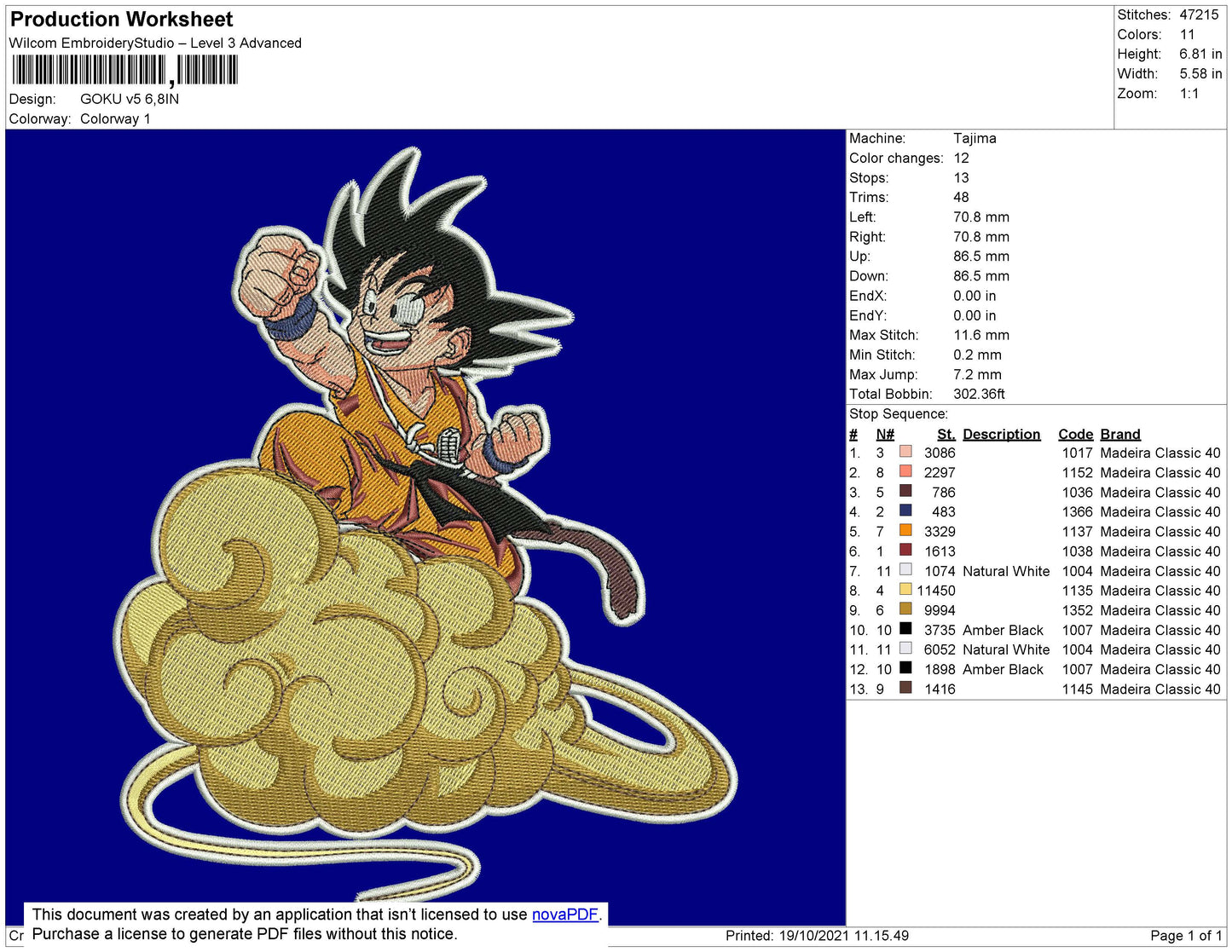 Goku V5 Embroidery File 4 size