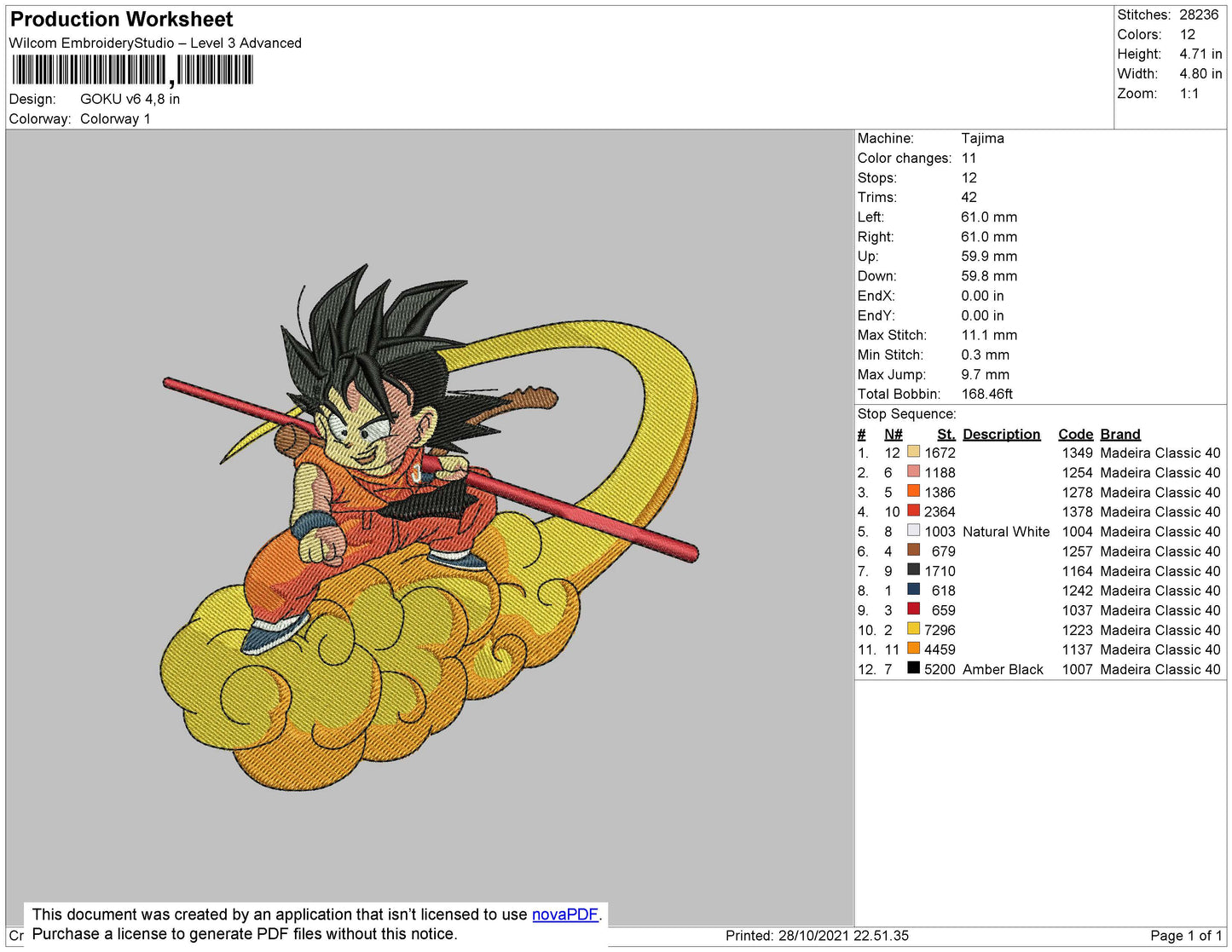 Goku V6 Embroidery File 4 size