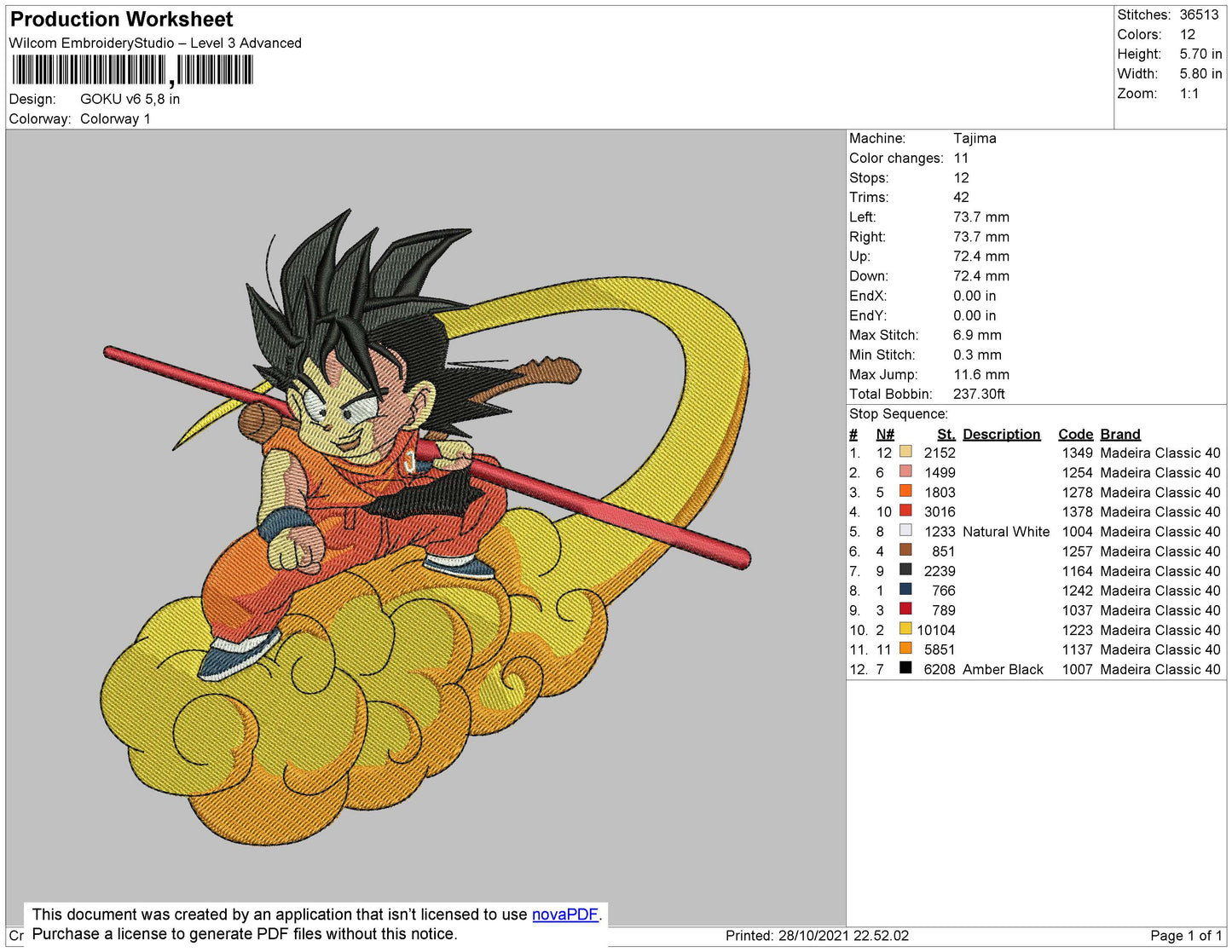 Goku V6 Embroidery File 4 size