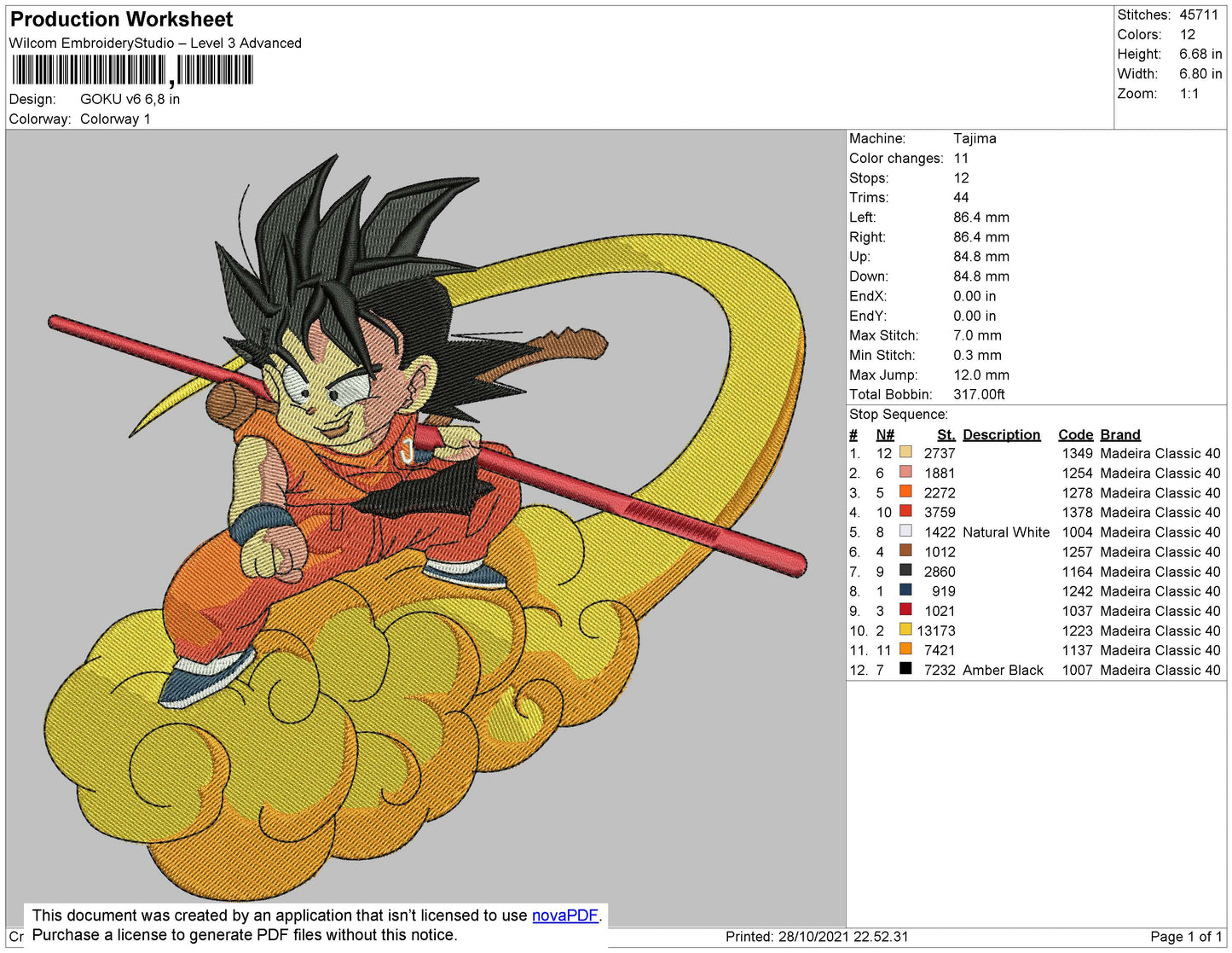 Goku V6 Embroidery File 4 size