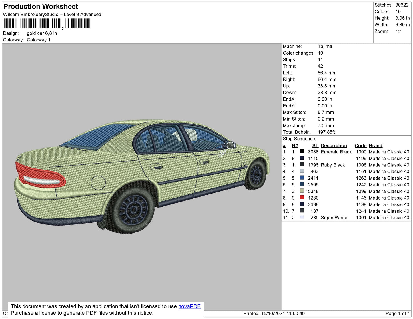 Gold Car Embroidery File 4 size