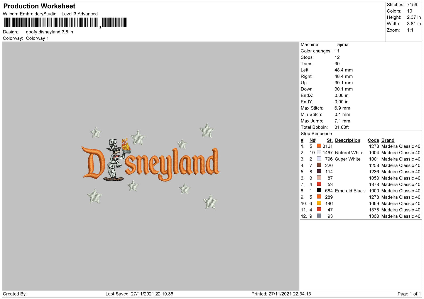 Goofy Disneyland Embroidery File 4 size