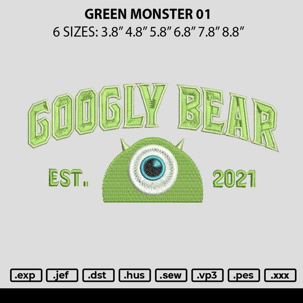 Green Monster 01 Embroidery File 6 sizes