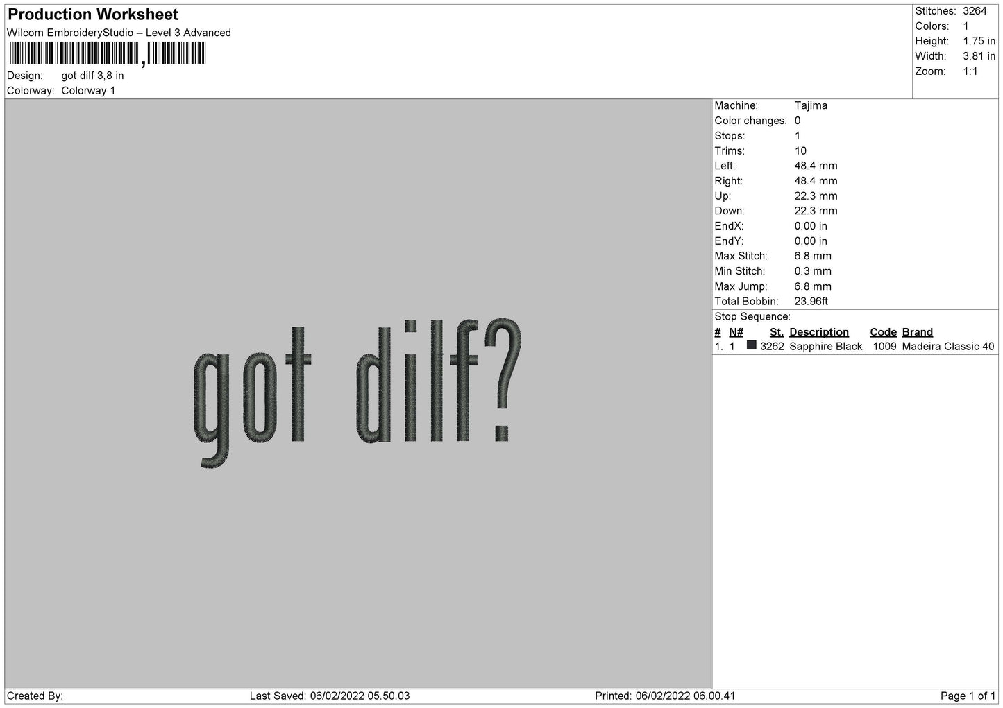 Got Dilf Embroidery File 4 size