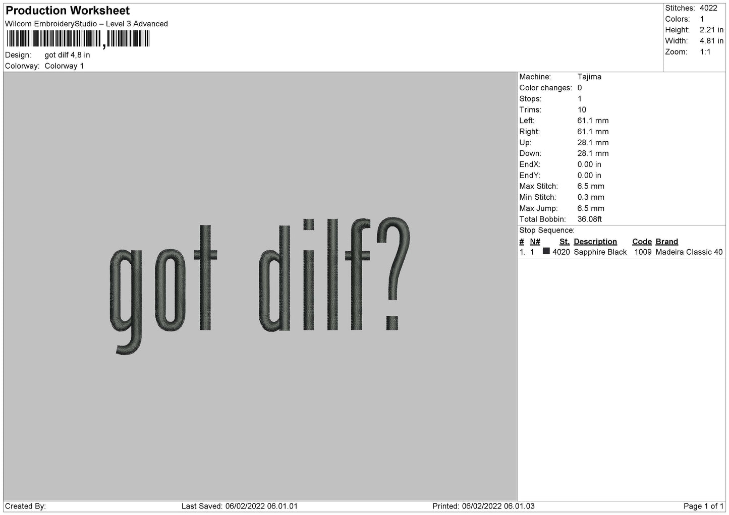 Got Dilf Embroidery File 4 size
