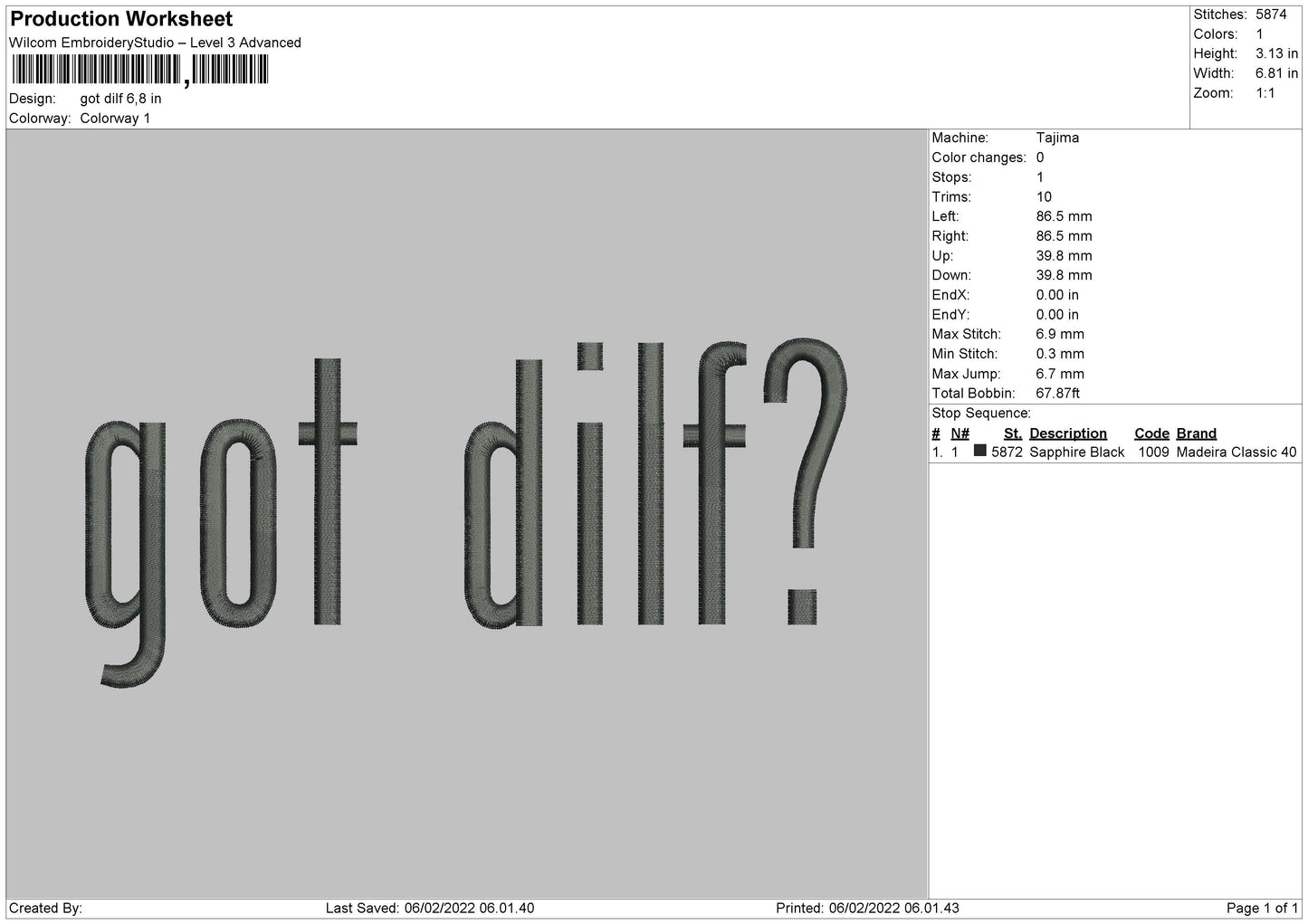 Got Dilf Embroidery File 4 size