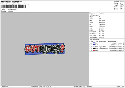 Gotkicks Embroidery File 4 size