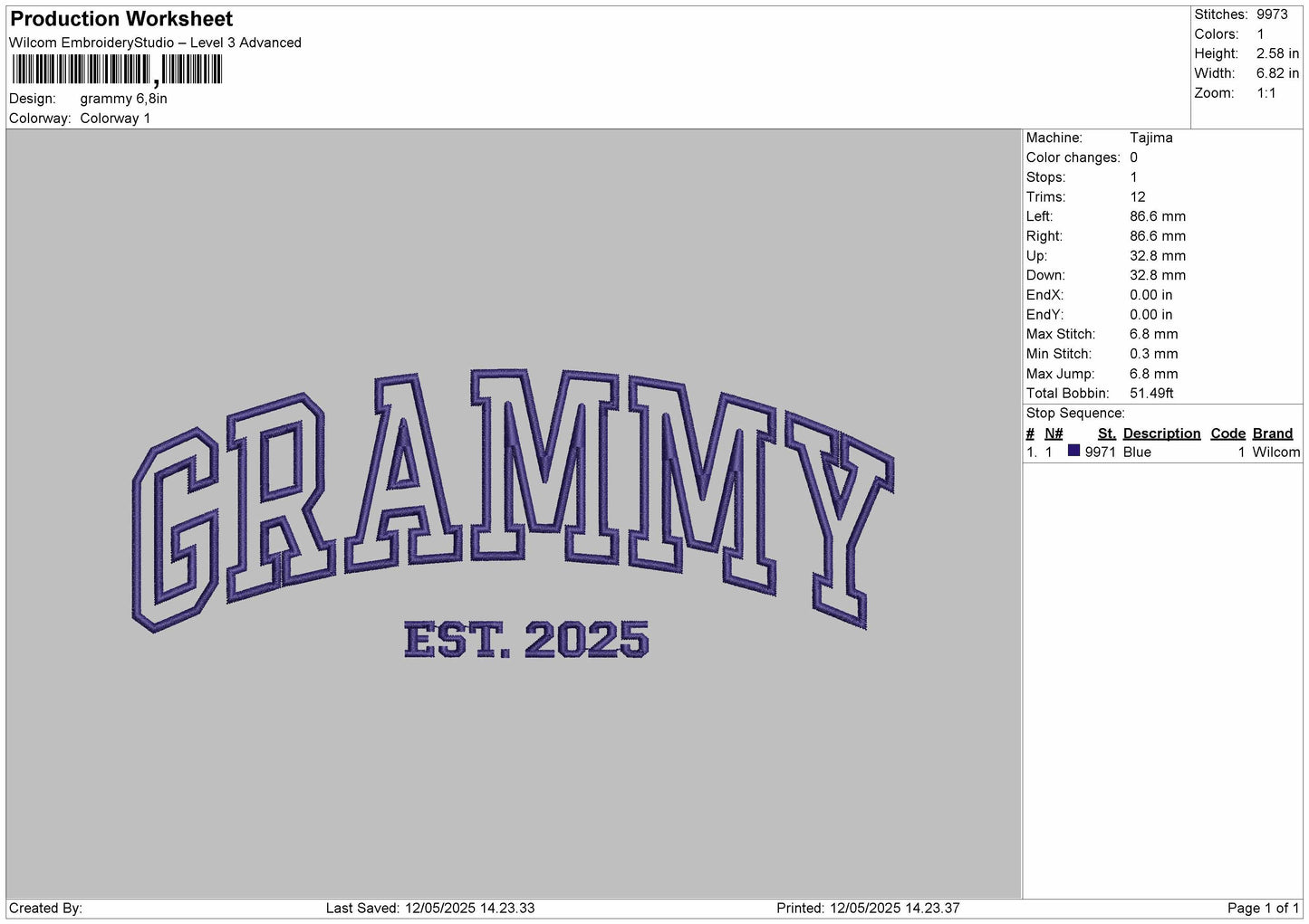 GRAMMY Embroidery File 6 Size