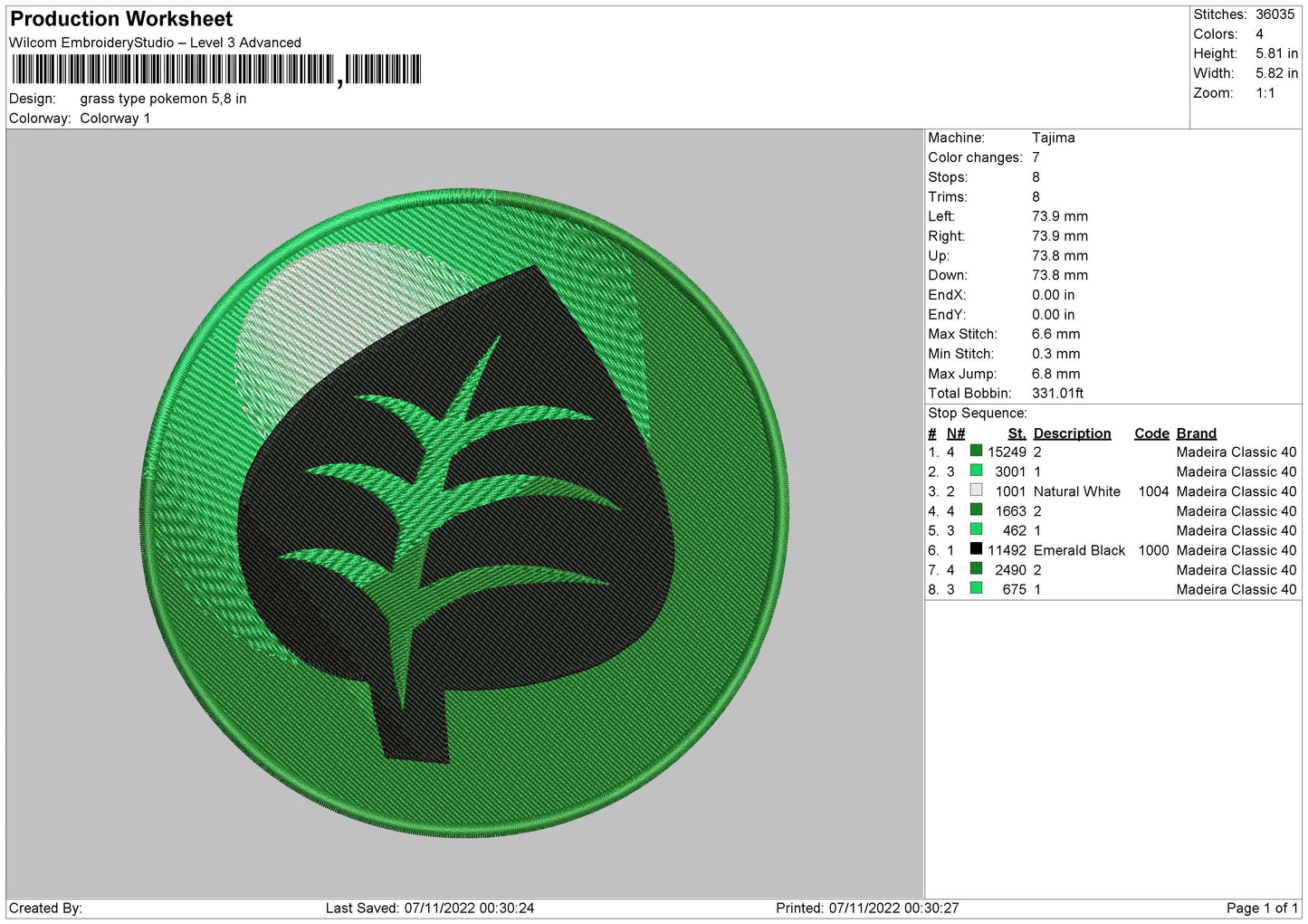 Grass Type Pokemon Embroidery File 6 sizes