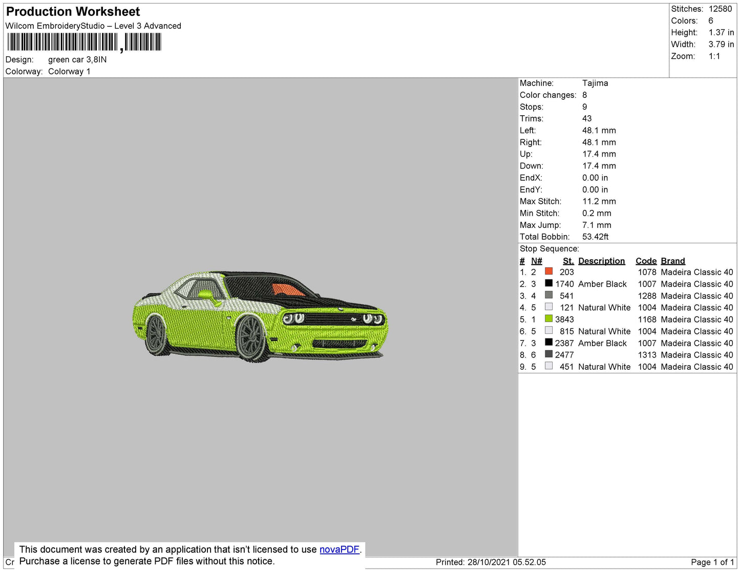Green Car Embroidery File 4 size