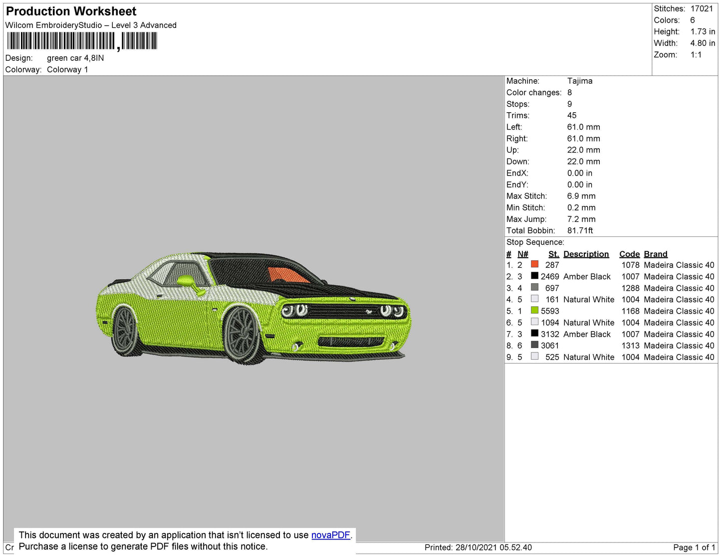 Green Car Embroidery File 4 size