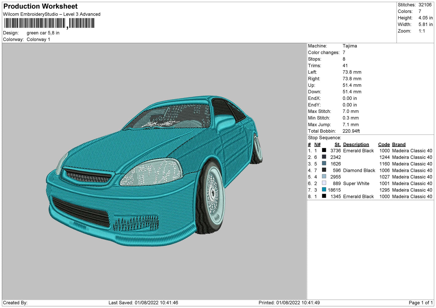 Green Car Embroidery File 5 sizes