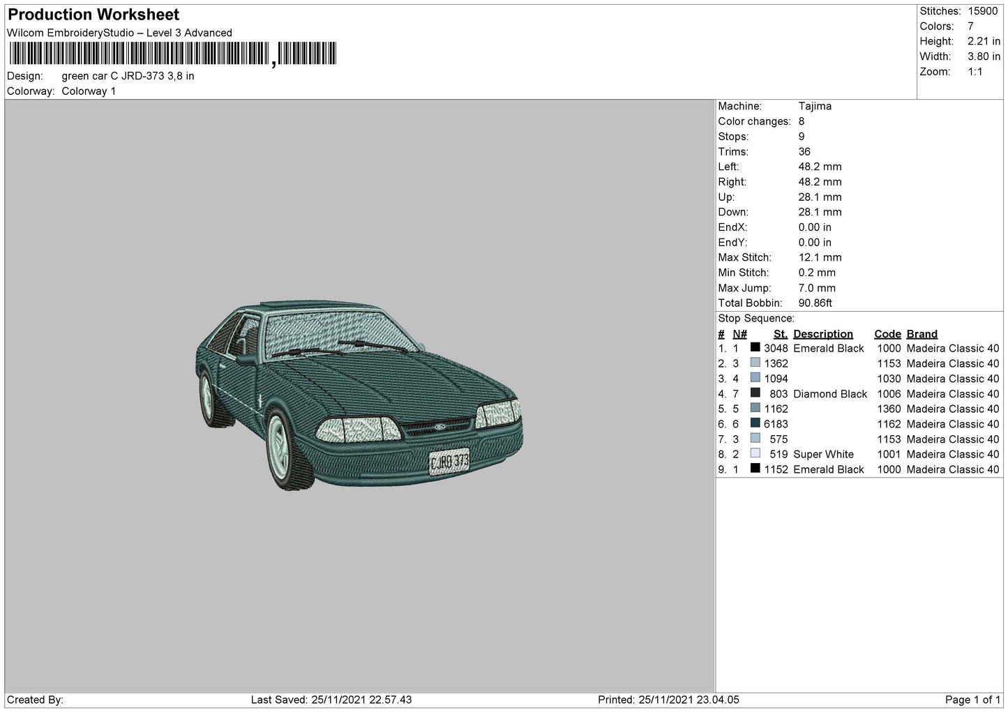 Green Car Embroidery File 4 size