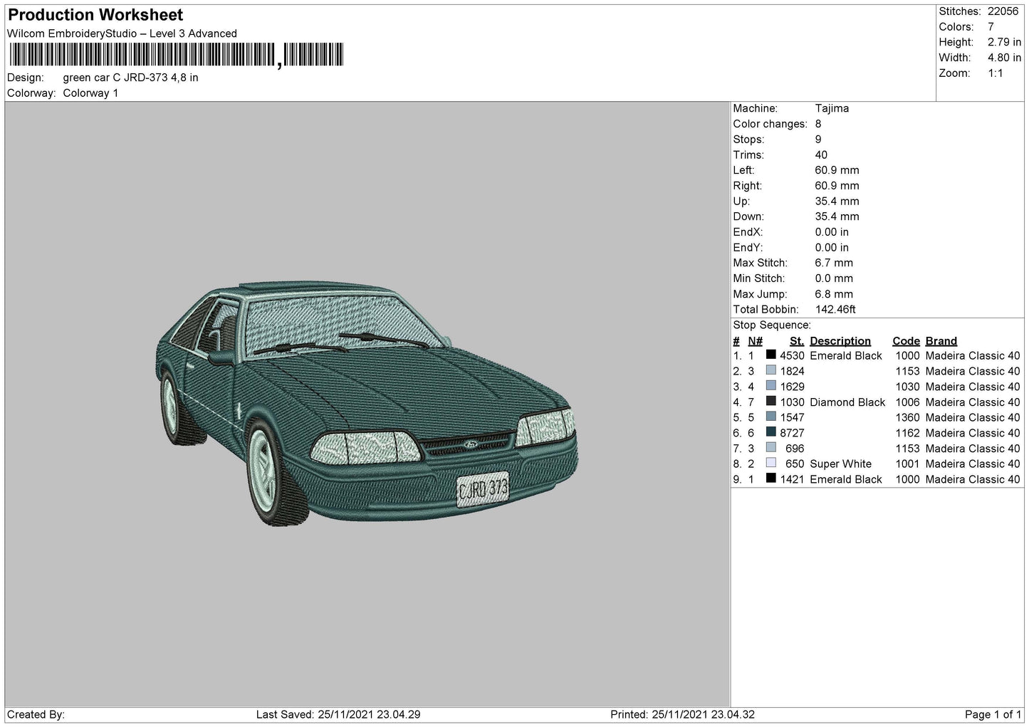 Green Car Embroidery File 4 size