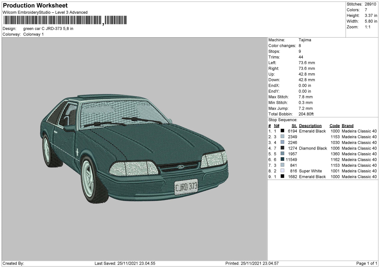 Green Car Embroidery File 4 size