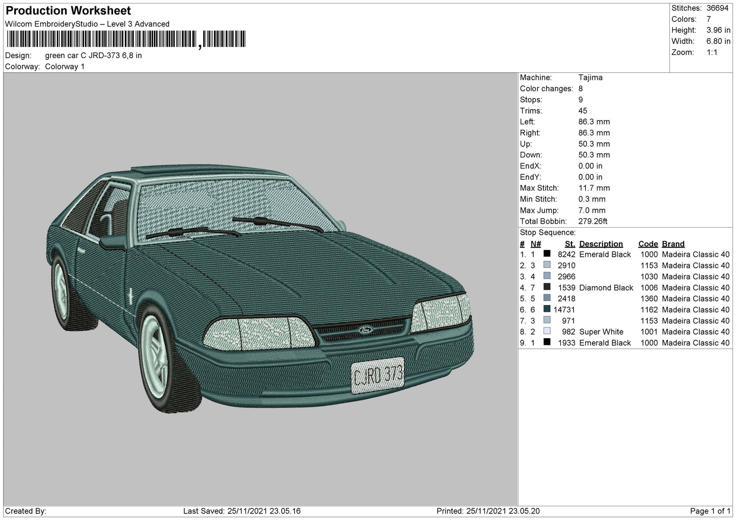 Green Car Embroidery File 4 size